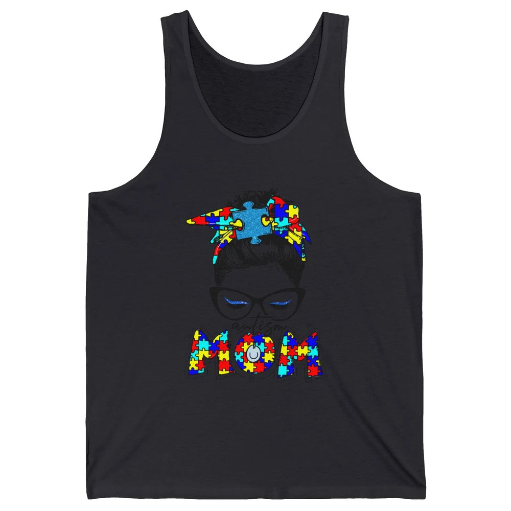 Autism Mom Messy Bun Bandana Puzzle Autism Awareness Month Unisex Jersey Tank