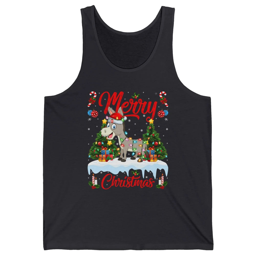 Merry Christmas Donkey Santa Claus Hat Xmas Tree Lights Snow Unisex Jersey Tank