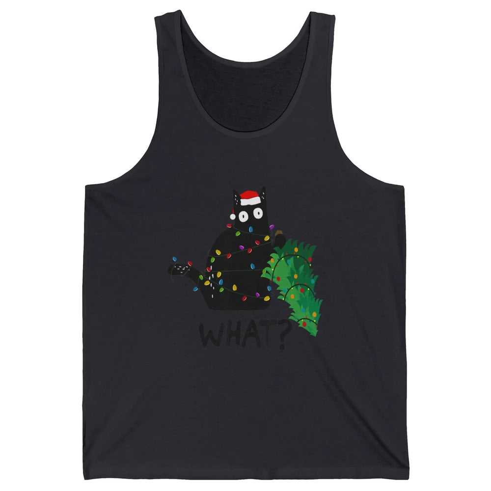 Black Cat Pushing Christmas Tree What Xmas Lights Santa Hat Unisex Jersey Tank