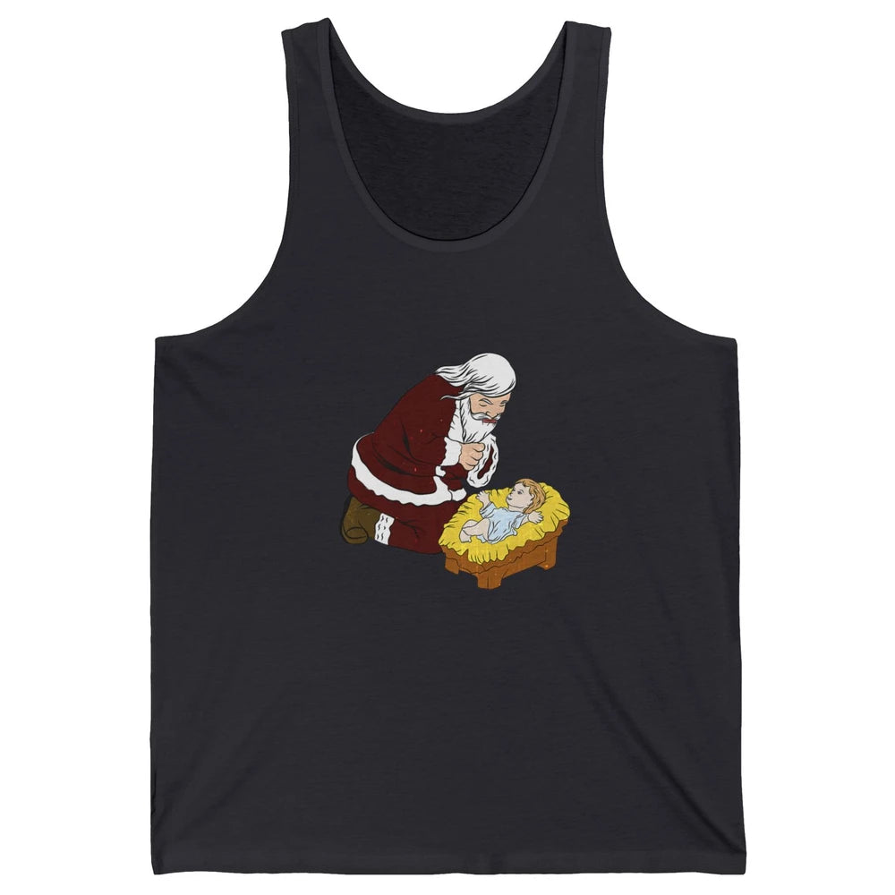 Merry Christmas Kneeling Santa Claus With Baby Jesus Xmas Unisex Jersey Tank