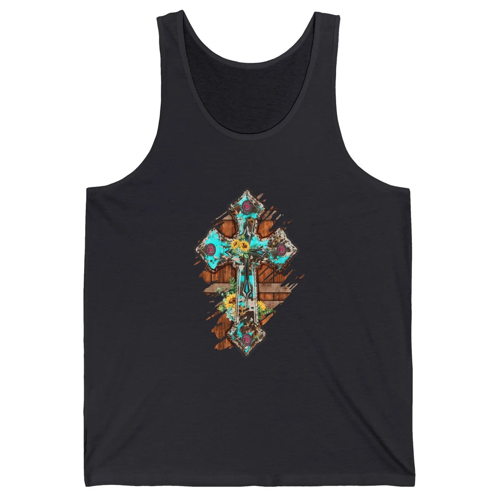 Western Country Boho Christian Turquoise Leopard Faith Cross Unisex Jersey Tank