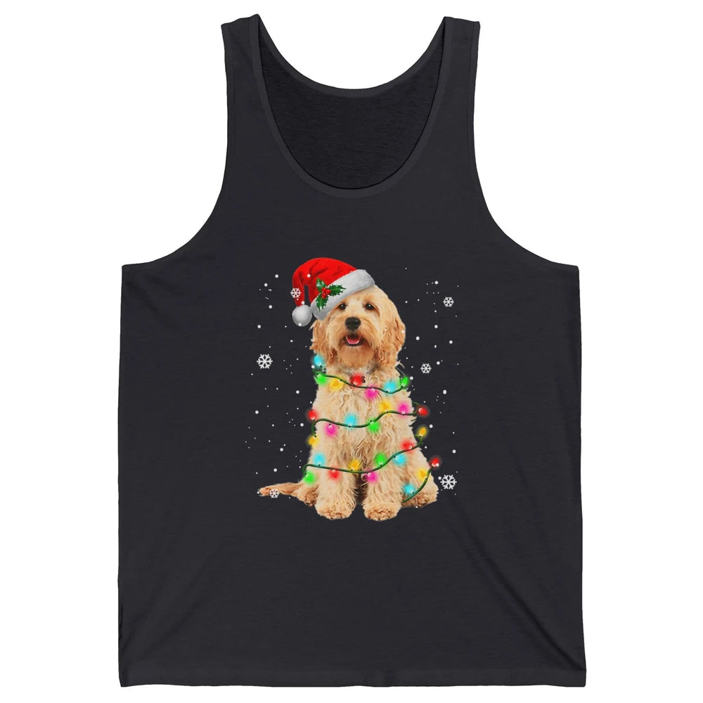 Merry Christmas Golden Doodle Dog Santa Hat Xmas Tree Lights Unisex Jersey Tank