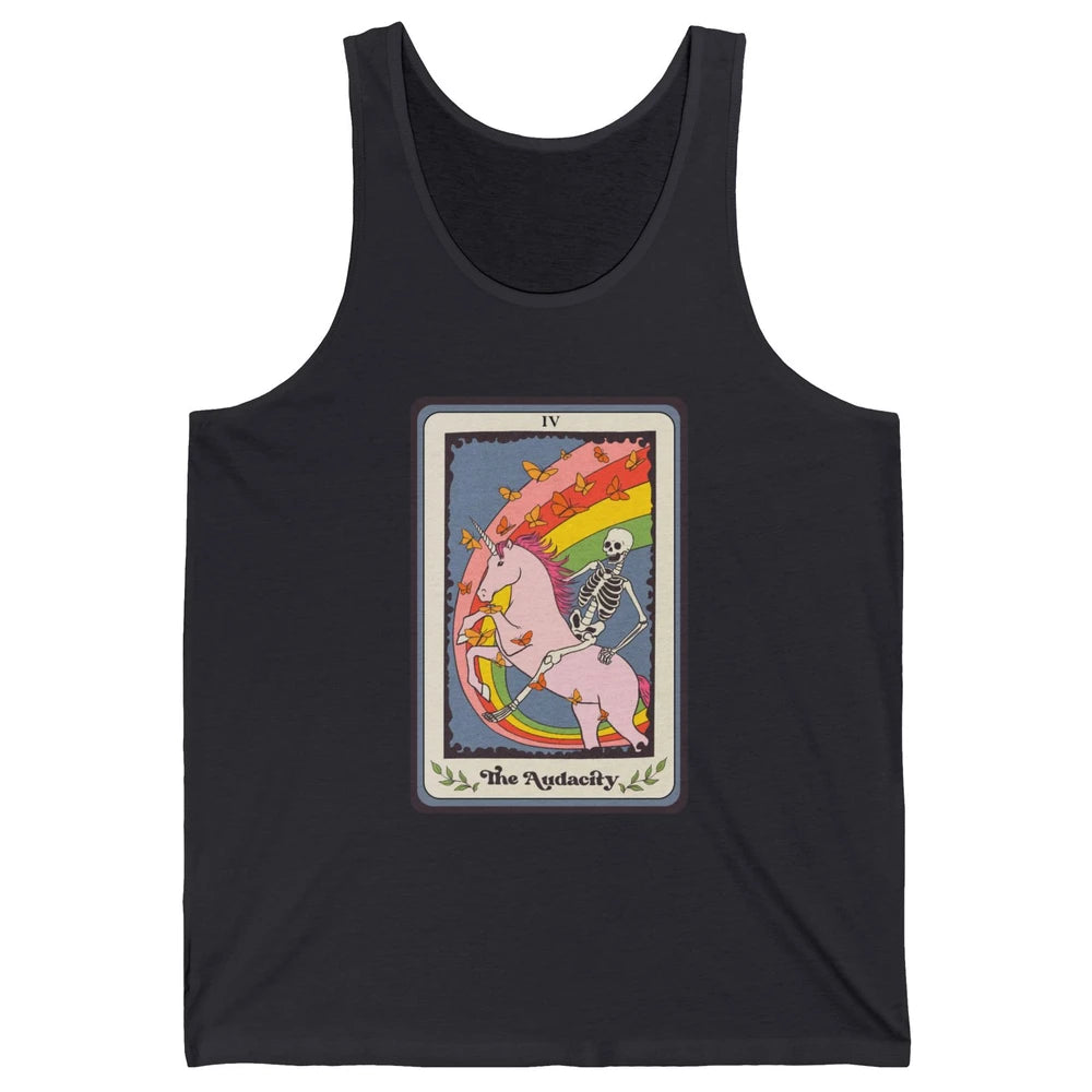 Retro Skeleton Rides Unicorn The Audacity Tarot Card Rainbow Unisex Jersey Tank