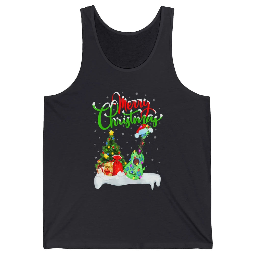 Merry Christmas Funny Ukulele Xmas Lights Santa Hat Music Unisex Jersey Tank