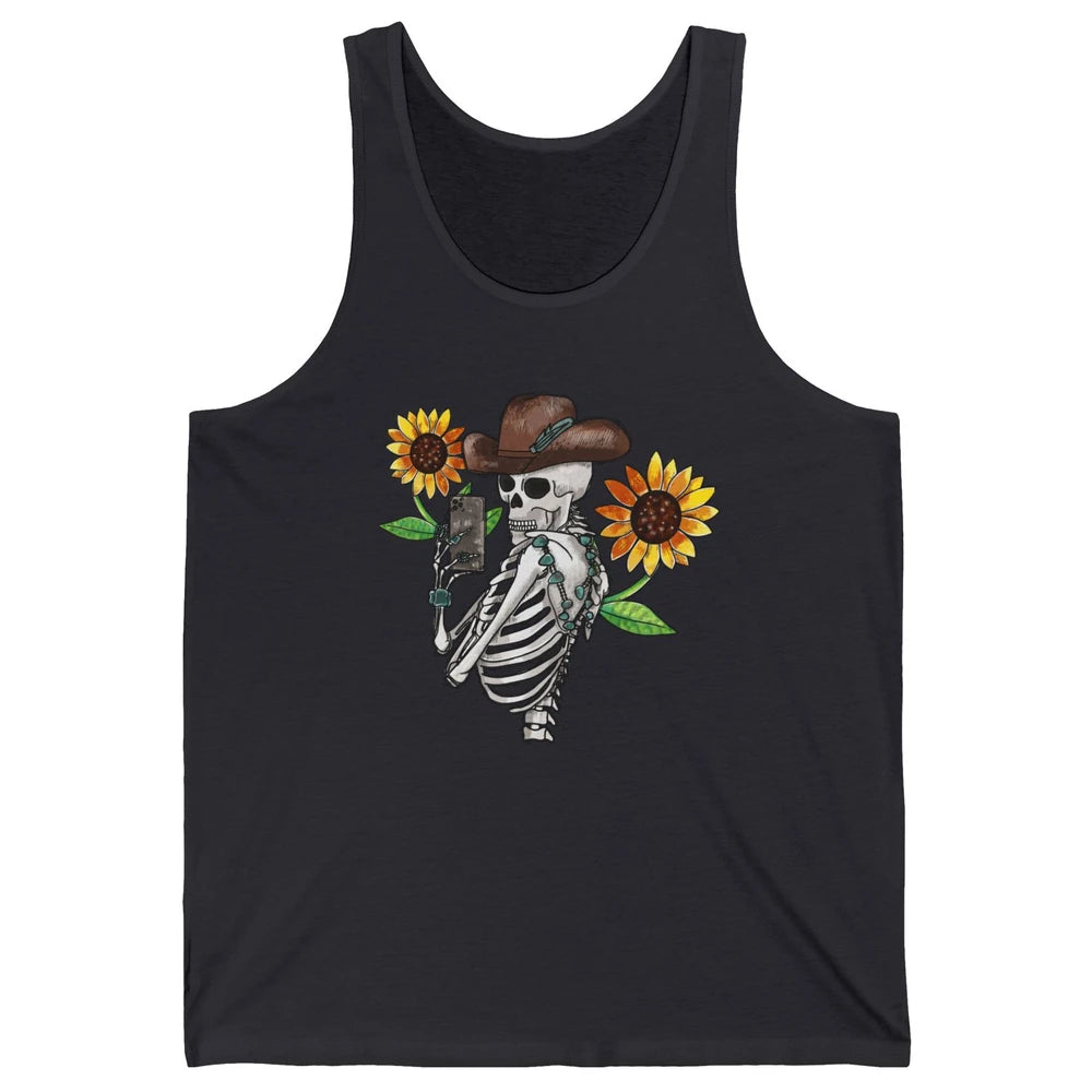 Western Cowboy Hat Skeleton Sunflower Funny Skeleton Selfie Unisex Jersey Tank