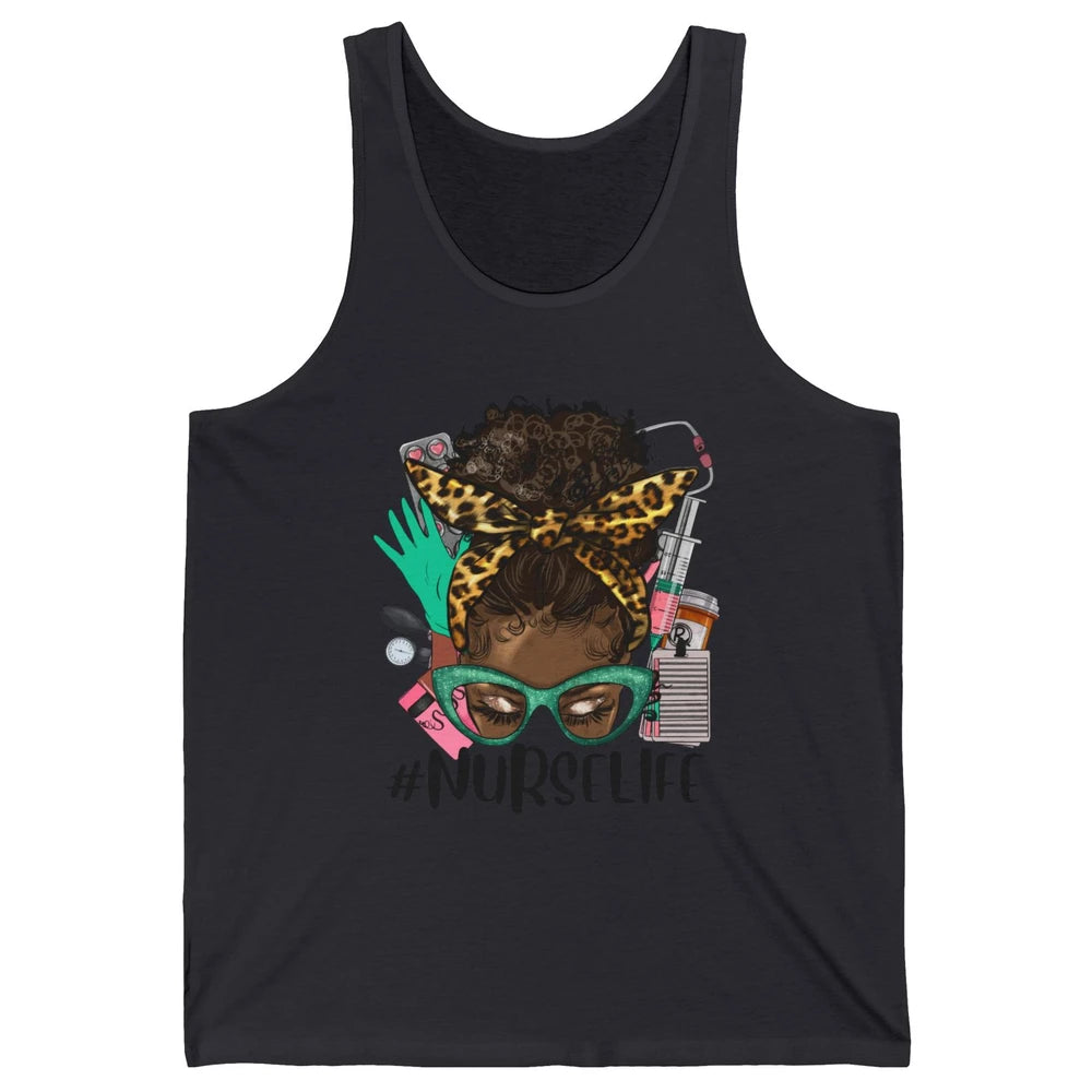 Afro Nurse Messy Bun Hair Black Melanin Nurse Life Leopard Unisex Jersey Tank