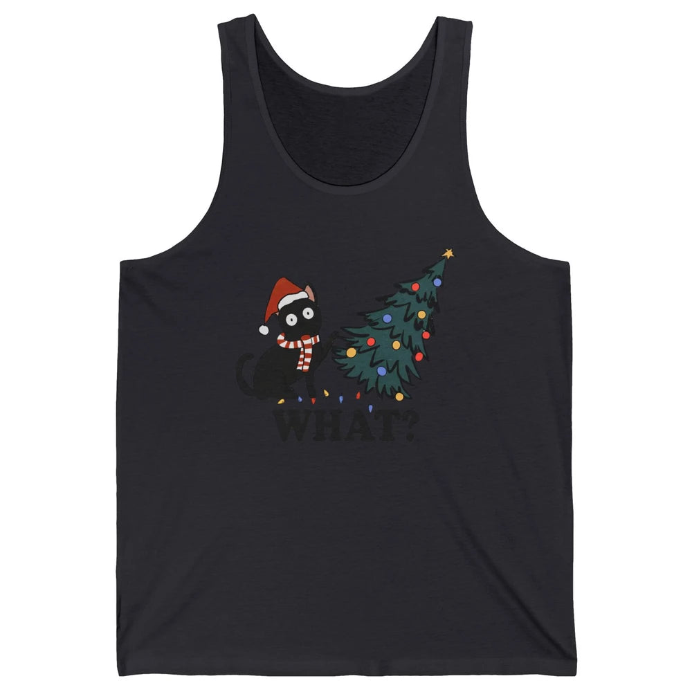 Funny Black Cat Pushing Christmas Tree What? Christmas Cat Unisex Jersey Tank