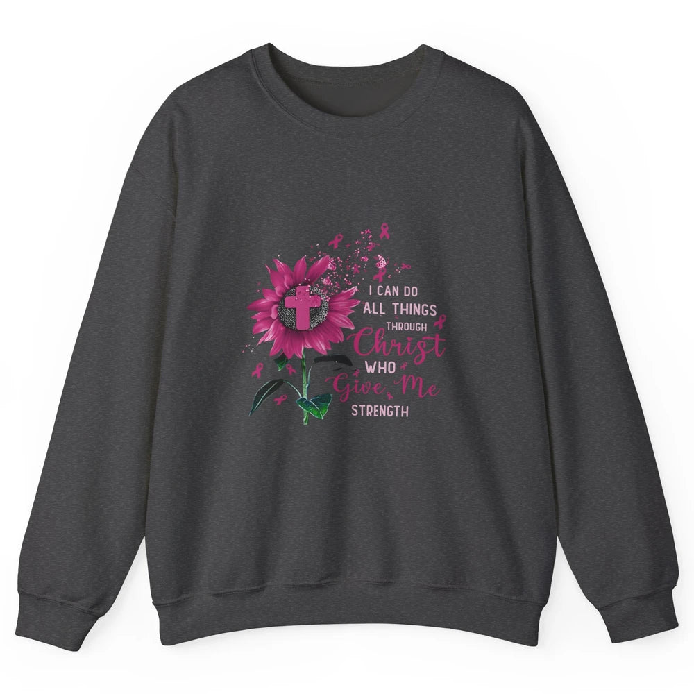 Breast Cancer Month Sunflower God Strength Cross Pink Ribbon Unisex Crewneck Sweatshirt