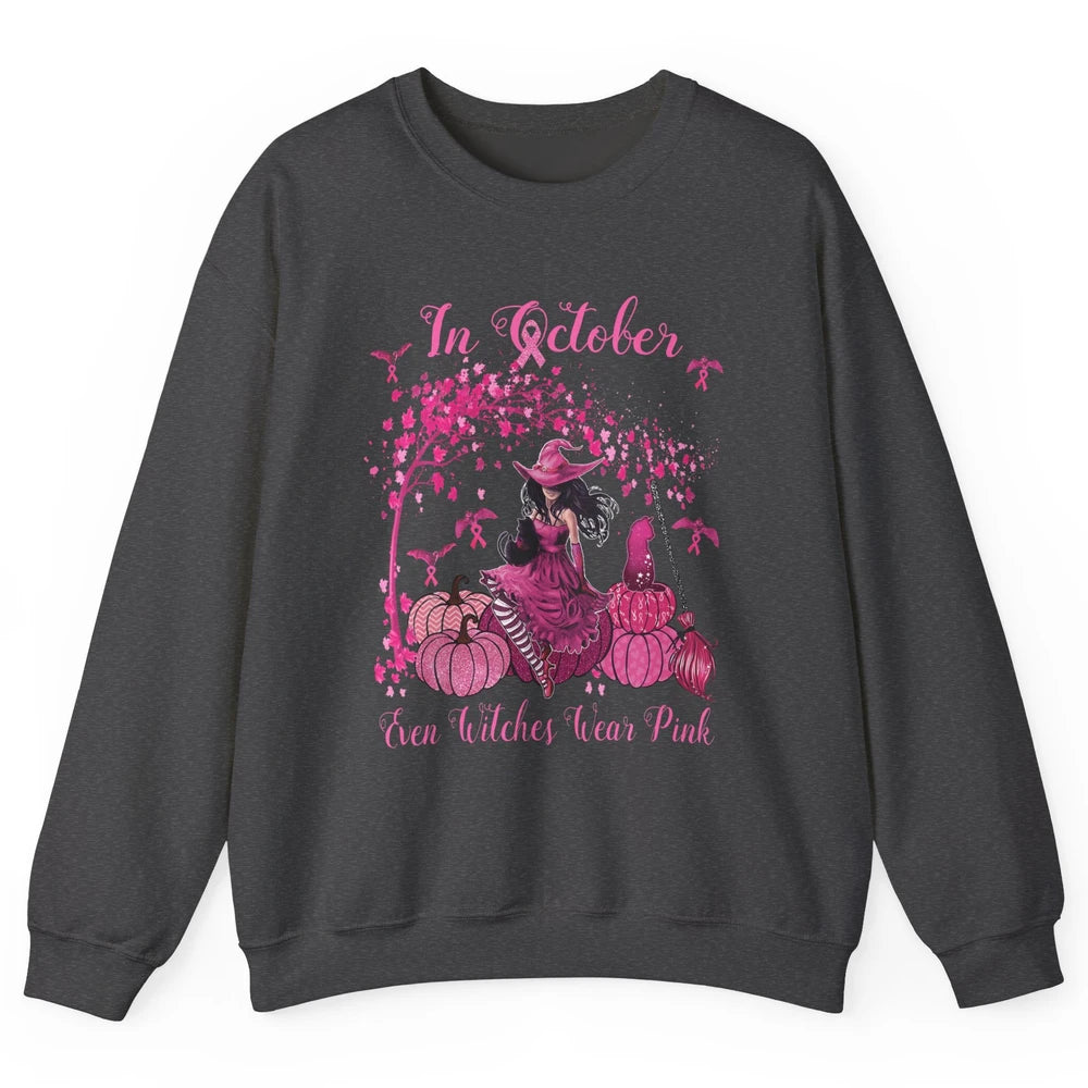 Breast Cancer In October Even Witches Wear Pink Ribbon Fall Unisex Crewneck Sweatshirt