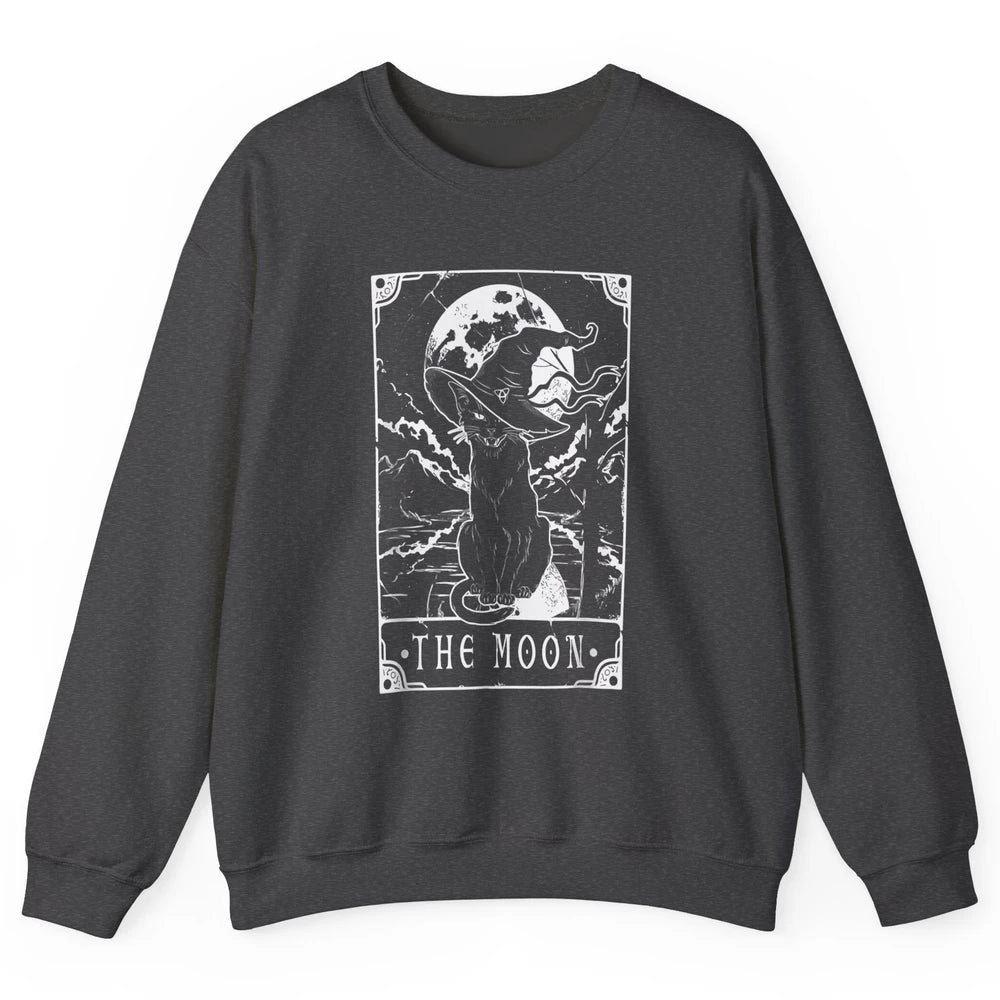 Tarot Card Moon Black Cat Witch Crescent Halloween Spooky Unisex Crewneck Sweatshirt