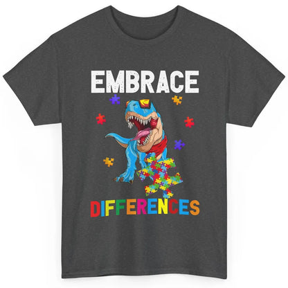 Autism Awareness Dinosaur Puzzle Piece Embrace Differences Classic Unisex T-Shirt