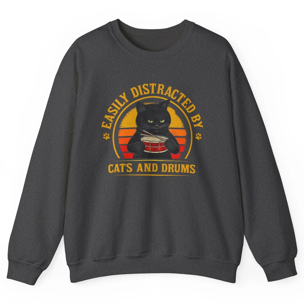 Vintage Black Cat Drummer Easily Distracted By Cat And Drums Unisex Crewneck Sweatshirt