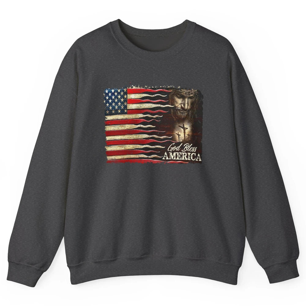 Retro US Flag Jesus Cross God Bless America Patriot July 4th Unisex Crewneck Sweatshirt