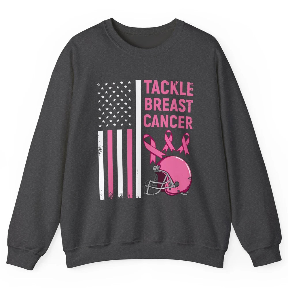 Tackle Breast Cancer US Flag Football Helmet Pink Ribbon Unisex Crewneck Sweatshirt