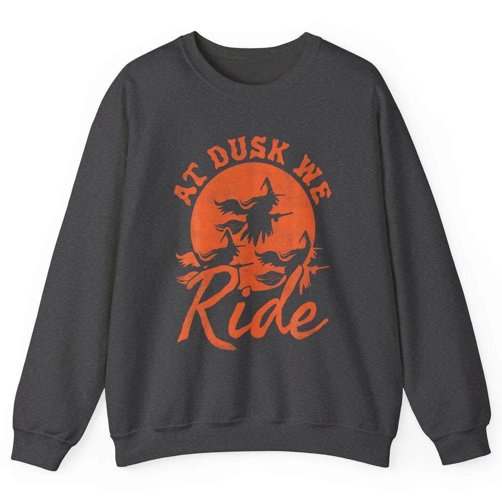 At Dusk We Ride Witch Hat Broom Moon Halloween Spooky Season Unisex Crewneck Sweatshirt