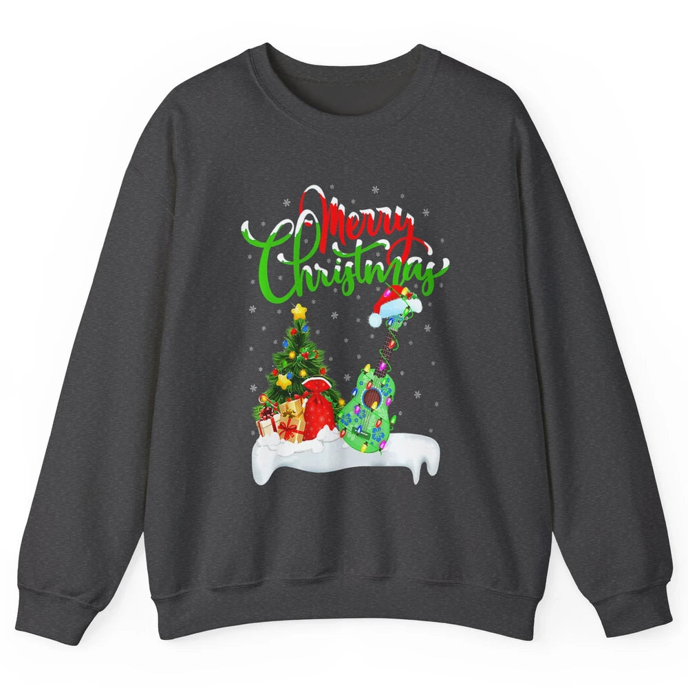 Merry Christmas Funny Ukulele Xmas Lights Santa Hat Music Unisex Crewneck Sweatshirt