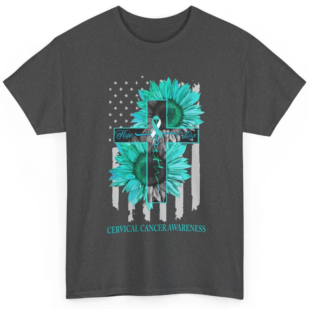 Cervical Cancer Faith Hope Turquoise US Flag Jesus Cross Classic Unisex T-Shirt