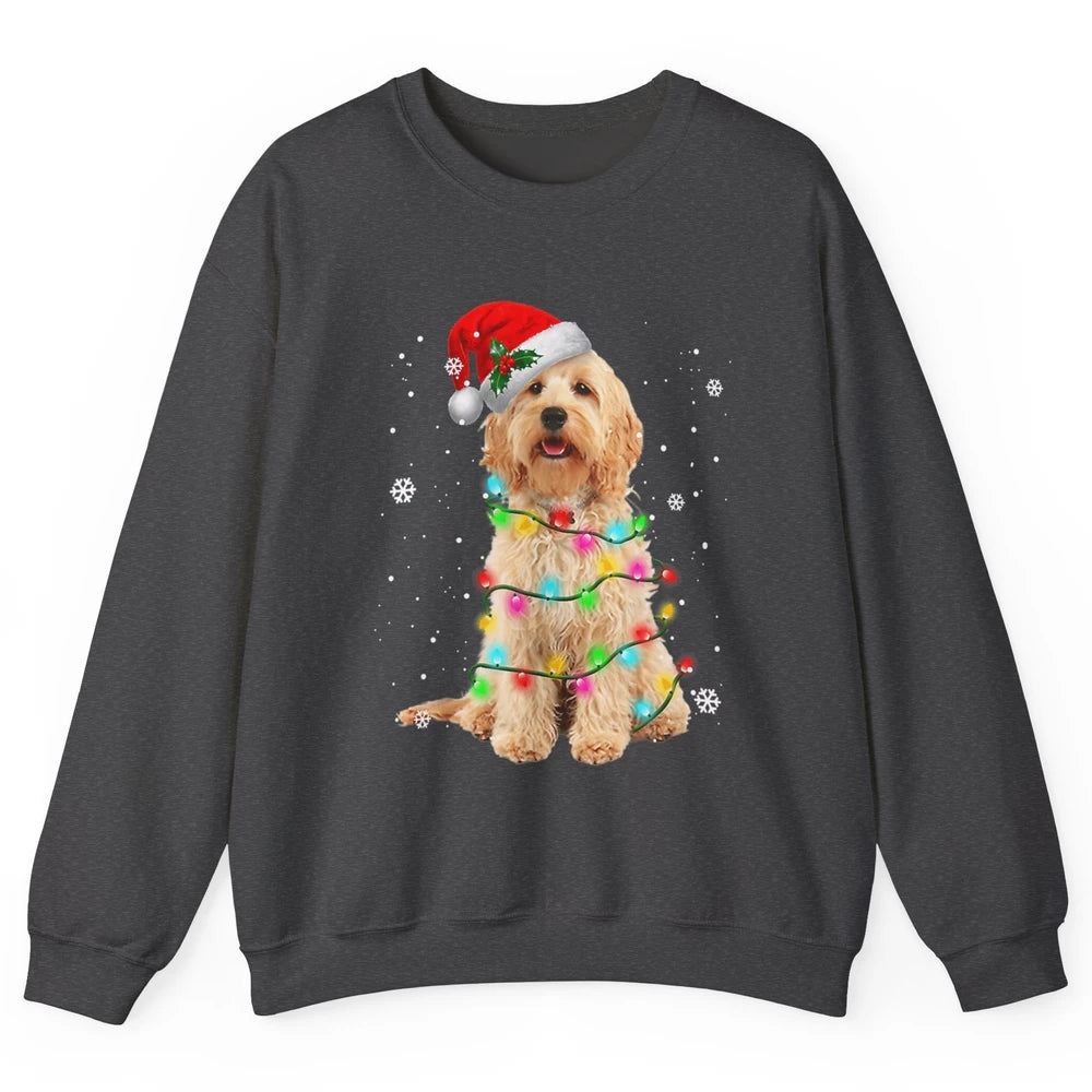 Merry Christmas Golden Doodle Dog Santa Hat Xmas Tree Lights Unisex Crewneck Sweatshirt