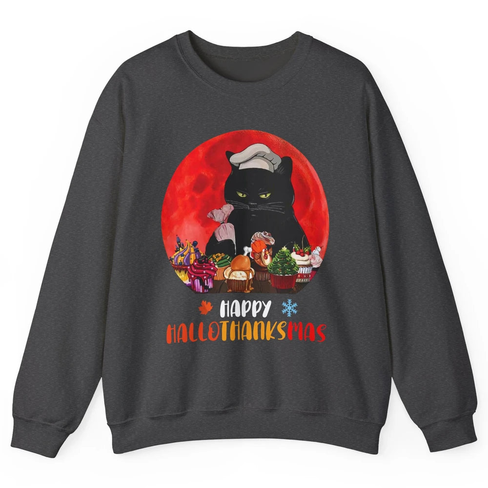 Black Cat Happy Hallothanksmas Baker Cat Halloween Christmas Unisex Crewneck Sweatshirt