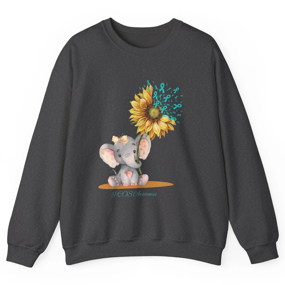 Sunflower Baby Elephant PCOS Awareness Teal Ribbon Elephant Unisex Crewneck Sweatshirt