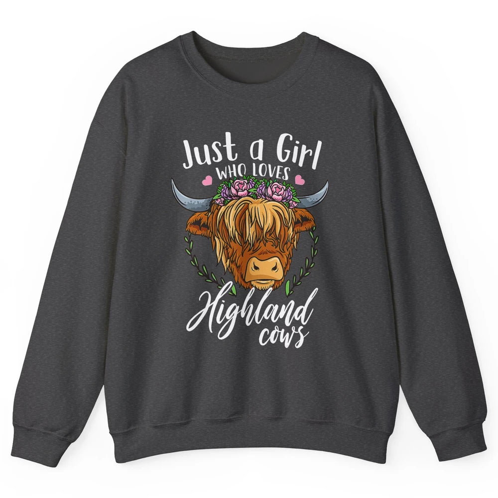 Vintage Just Girl Loves Highland Cow Floral Western Animal Unisex Crewneck Sweatshirt