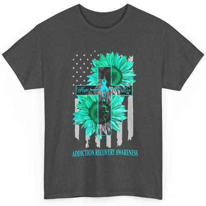 Addiction Recovery Faith Hope Love Teal US Flag Jesus Cross Classic Unisex T-Shirt