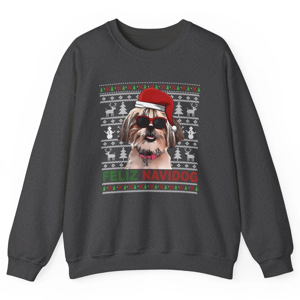 Funny Santa Shih Tzu Dog Feliz Navidog Christmas Tree Ugly Unisex Crewneck Sweatshirt