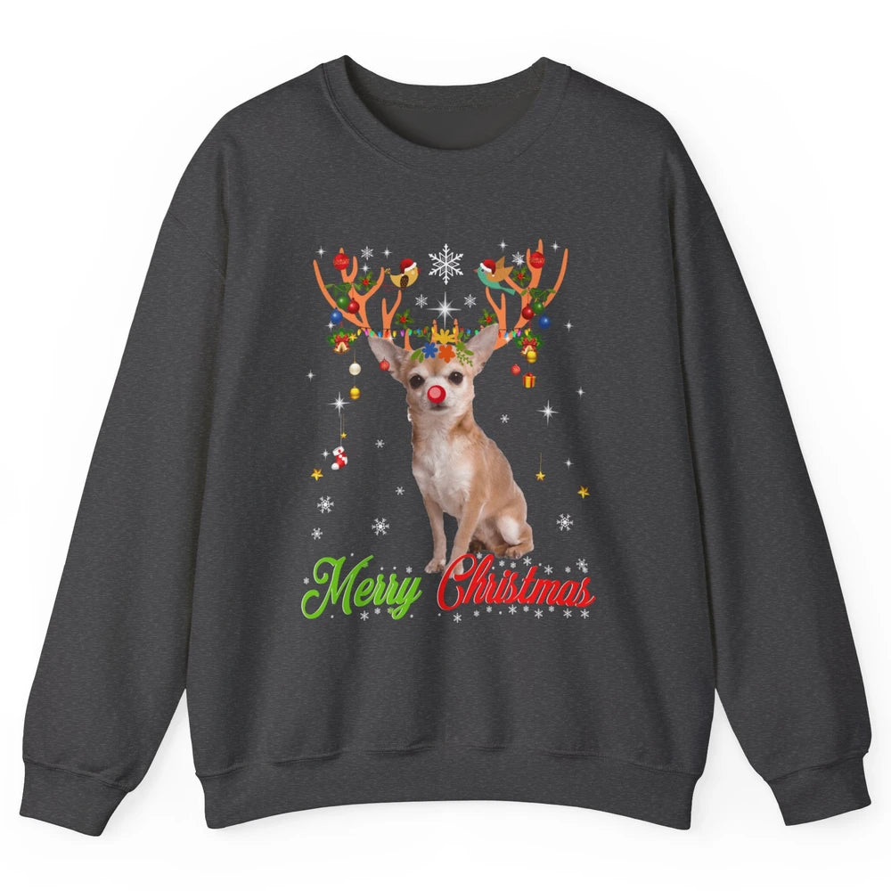 Merry Christmas Chihuahua Dog Santa Hat Xmas Reindeer Lights Unisex Crewneck Sweatshirt