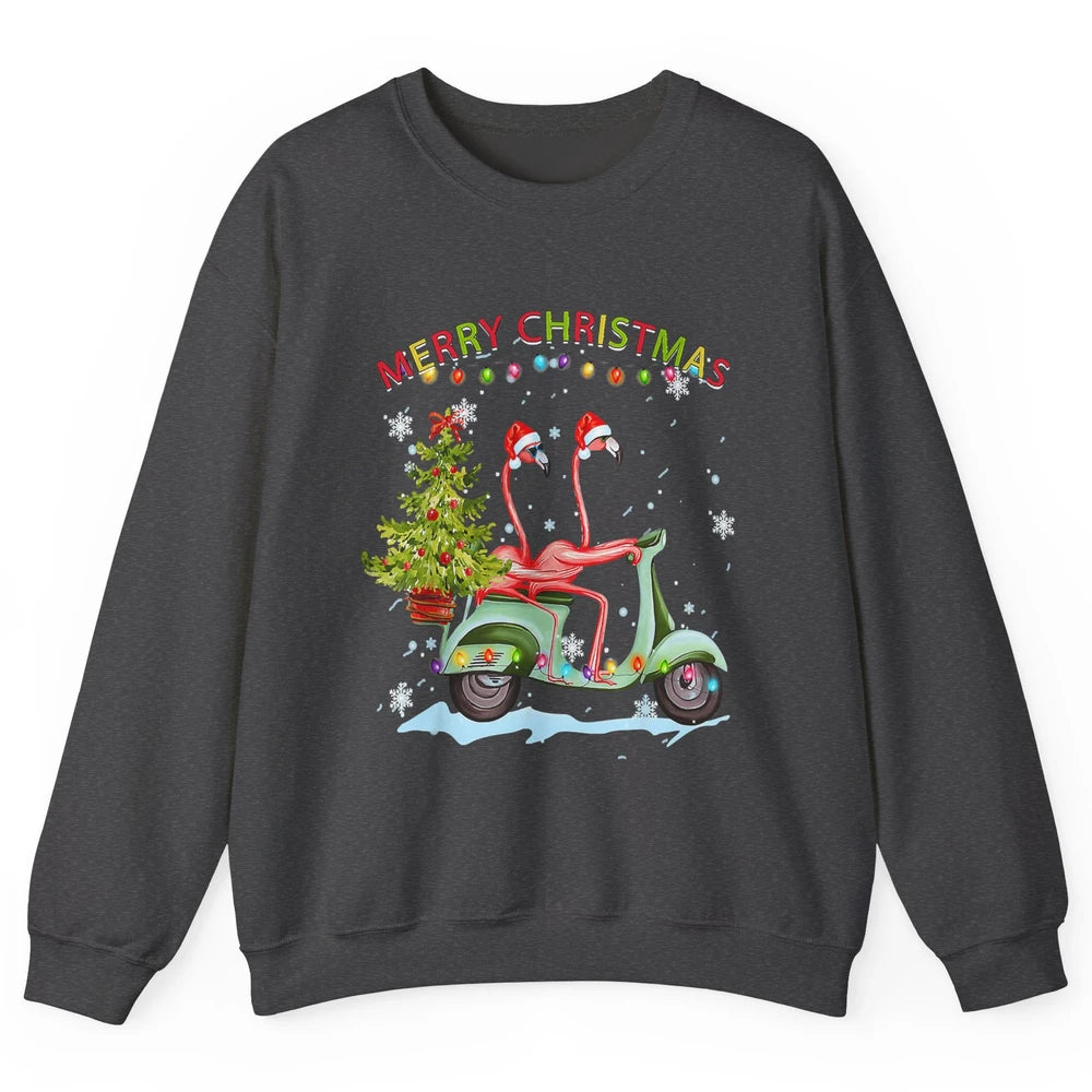 Merry Christmas Flamingos Santa Hat Xmas Lights Motorbike Unisex Crewneck Sweatshirt