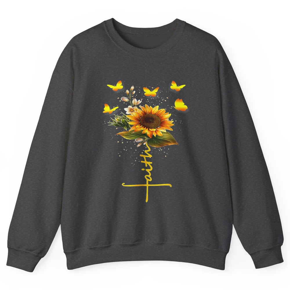 Vintage Faith Cross Sunflower Butterfly Christian Jesus God Unisex Crewneck Sweatshirt