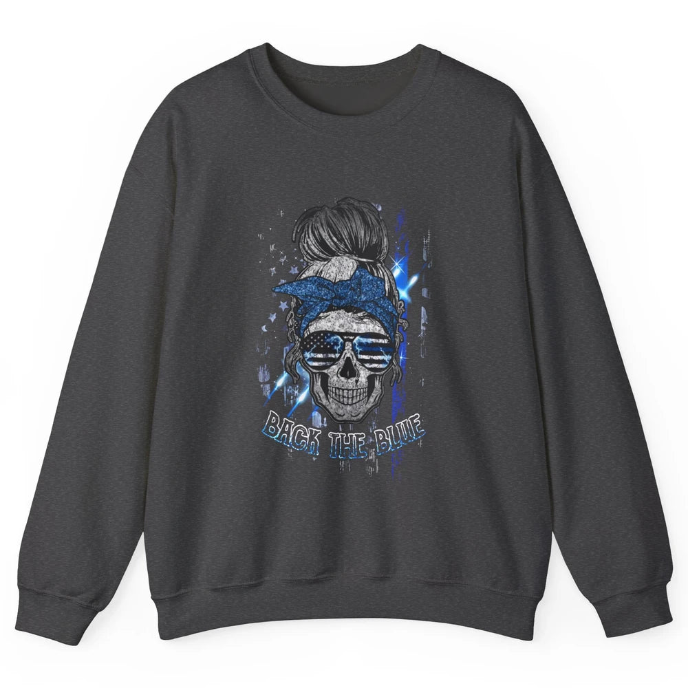 Back The Blue Police American Flag Skull Lady 4th of July Unisex Crewneck Sweatshirt