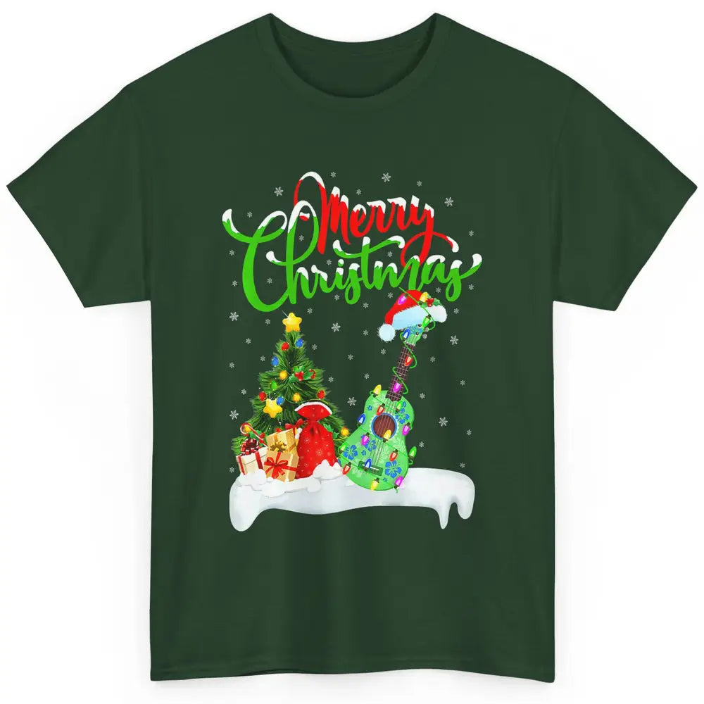 Merry Christmas Funny Ukulele Xmas Lights Santa Hat Music Classic Unisex T-Shirt