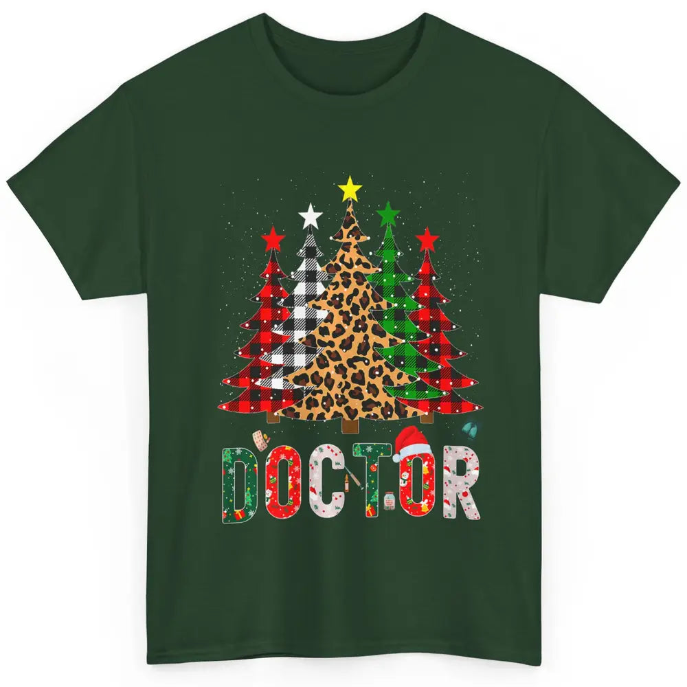 Merry Christmas Doctor Leopard Buffalo Plaid Xmas Pine Tree Classic Unisex T-Shirt