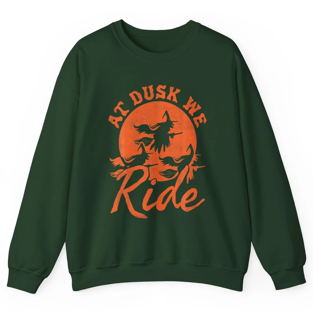 At Dusk We Ride Witch Hat Broom Moon Halloween Spooky Season Unisex Crewneck Sweatshirt