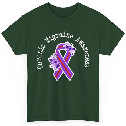 Chronic Migraine Awareness Support Floral Purple Red Ribbon Classic Unisex T-Shirt