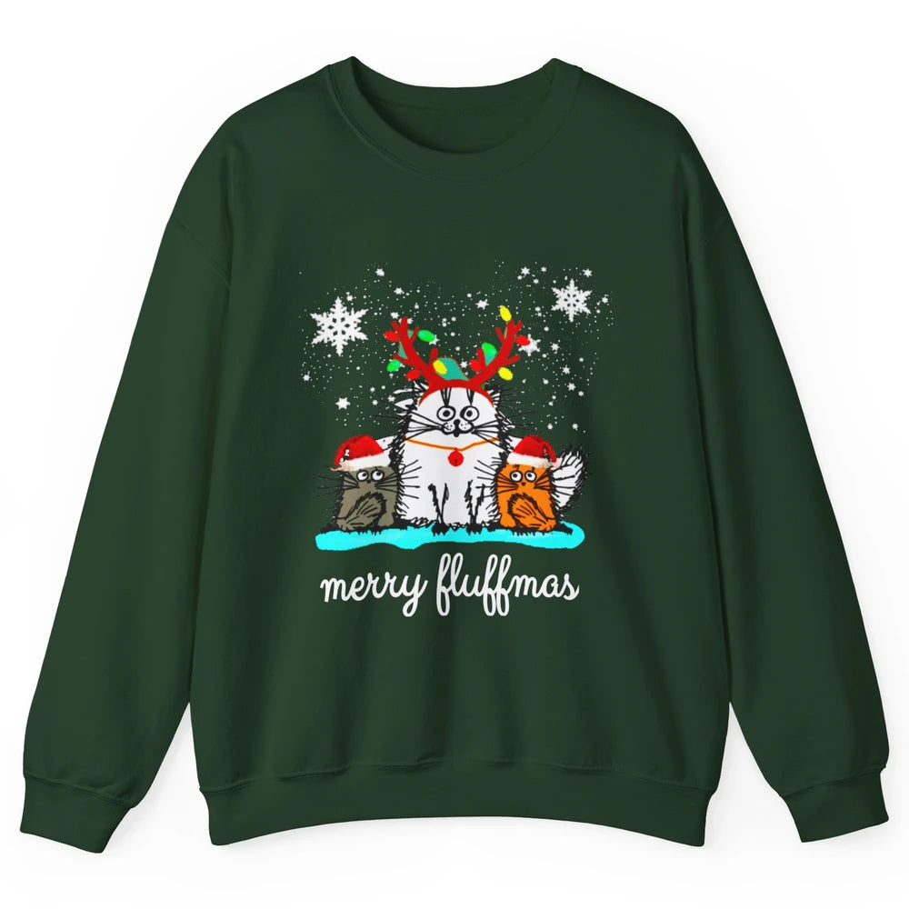 Merry Christmas Fluffmas Cat Santa Claus Hat Xmas Tree Light Unisex Crewneck Sweatshirt