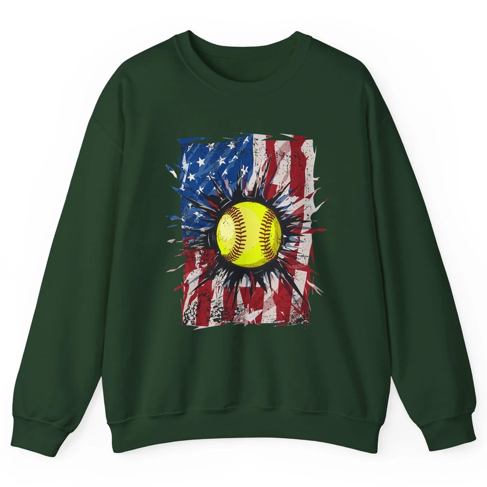 Retro US Flag Softball July 4th Baseball Players Patriotic Unisex Crewneck Sweatshirt