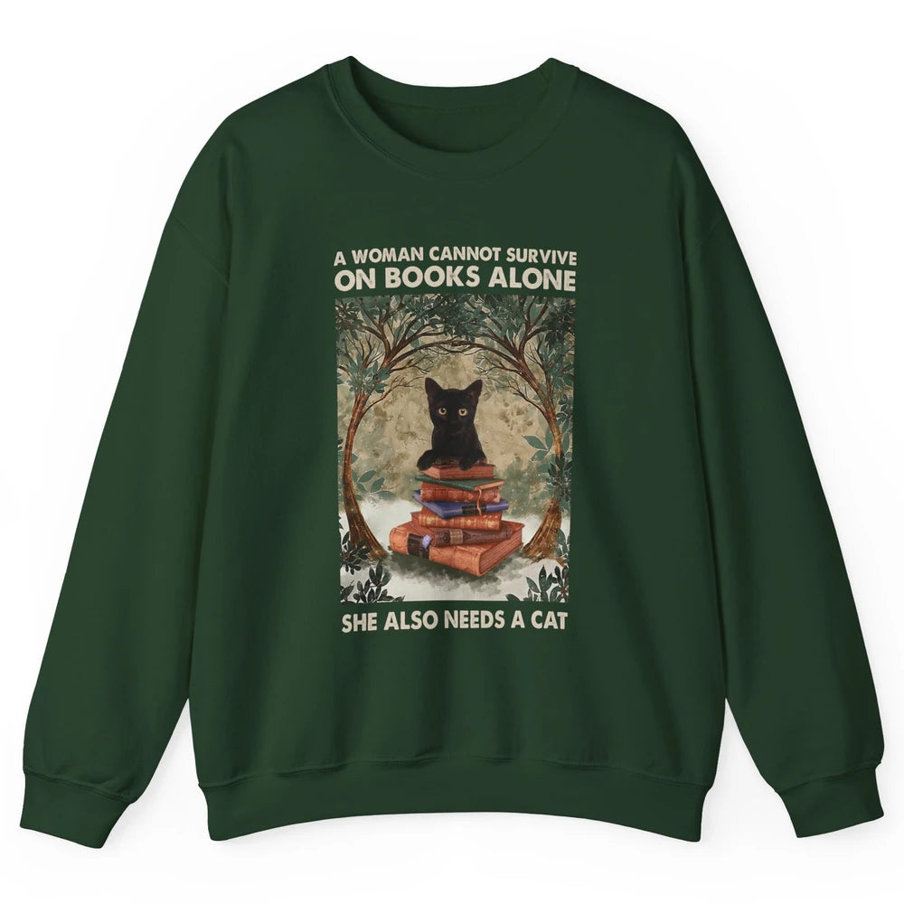 A Woman Cannot Survive On Books Alone She Also Needs A Cat Unisex Crewneck Sweatshirt