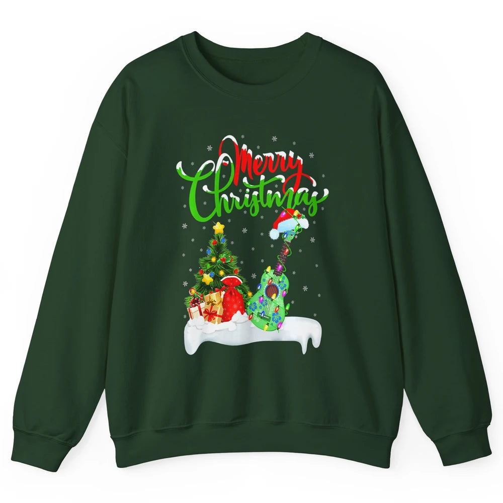 Merry Christmas Funny Ukulele Xmas Lights Santa Hat Music Unisex Crewneck Sweatshirt