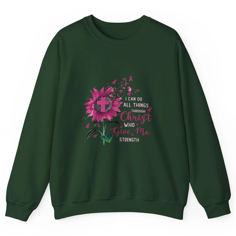 Breast Cancer Month Sunflower God Strength Cross Pink Ribbon Unisex Crewneck Sweatshirt