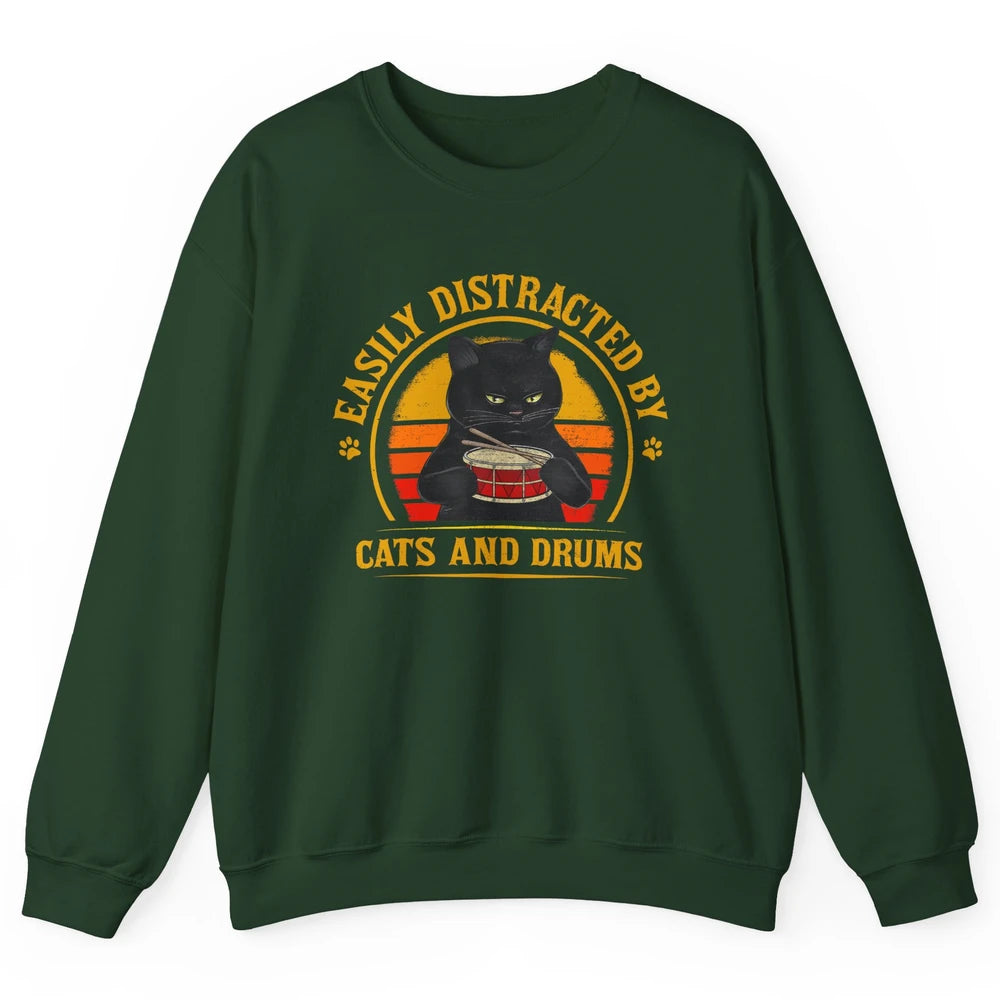 Vintage Black Cat Drummer Easily Distracted By Cat And Drums Unisex Crewneck Sweatshirt