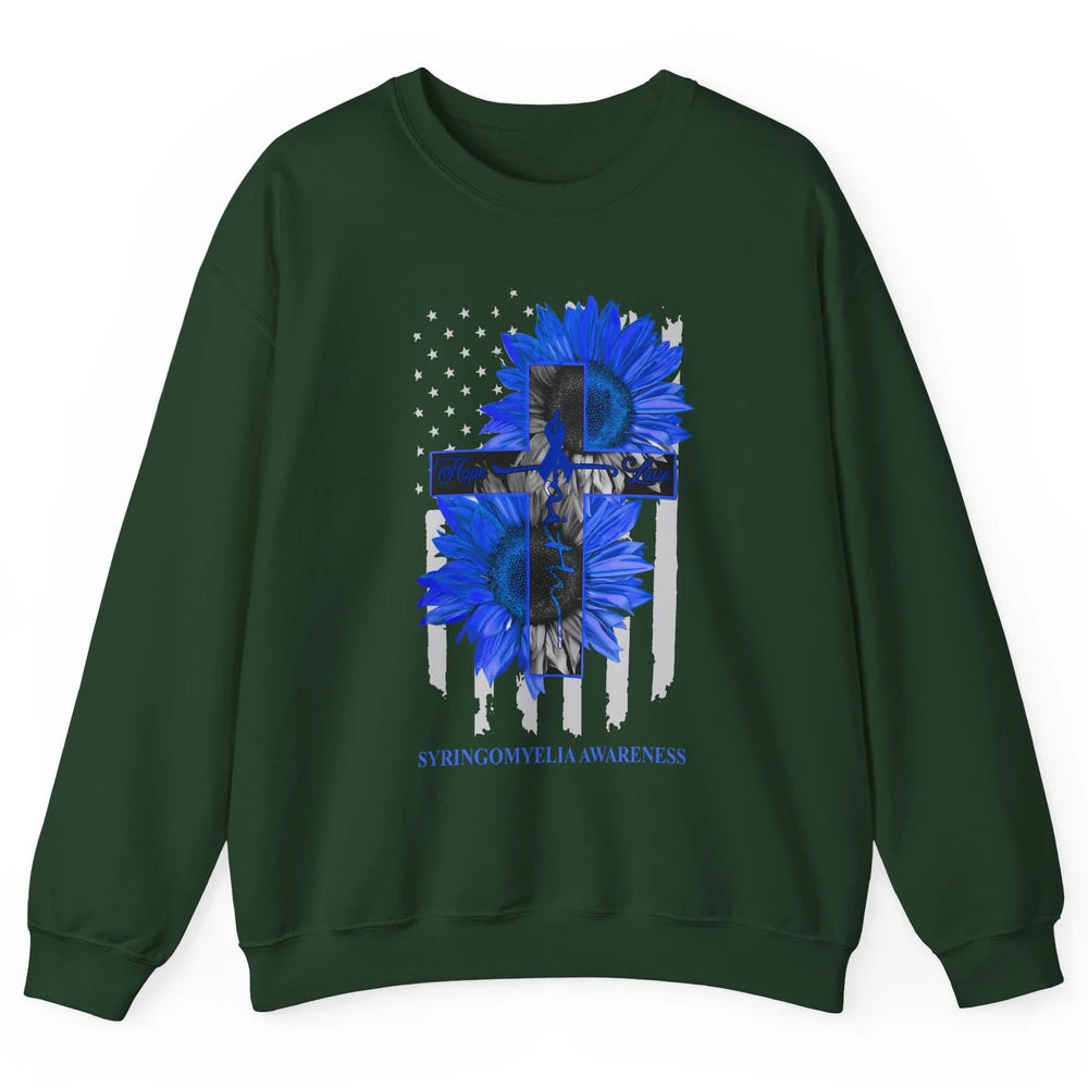 Syringomyelia Awareness Faith Hope Love Blue Ribbon US Flag Unisex Crewneck Sweatshirt