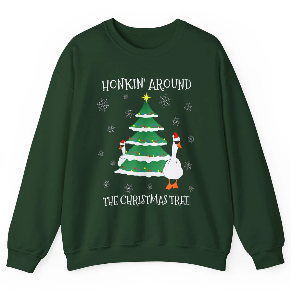 Merry Christmas Cute Geese Honking Around Xmas Tree Goose Unisex Crewneck Sweatshirt