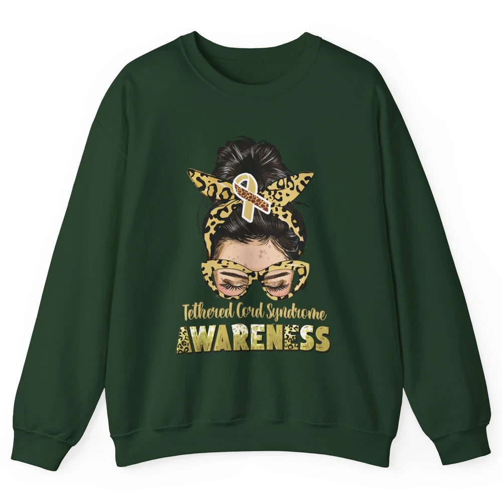 Tethered Cord Syndrome Ribbon Leopard Messy Bun Mom Glasses Unisex Crewneck Sweatshirt