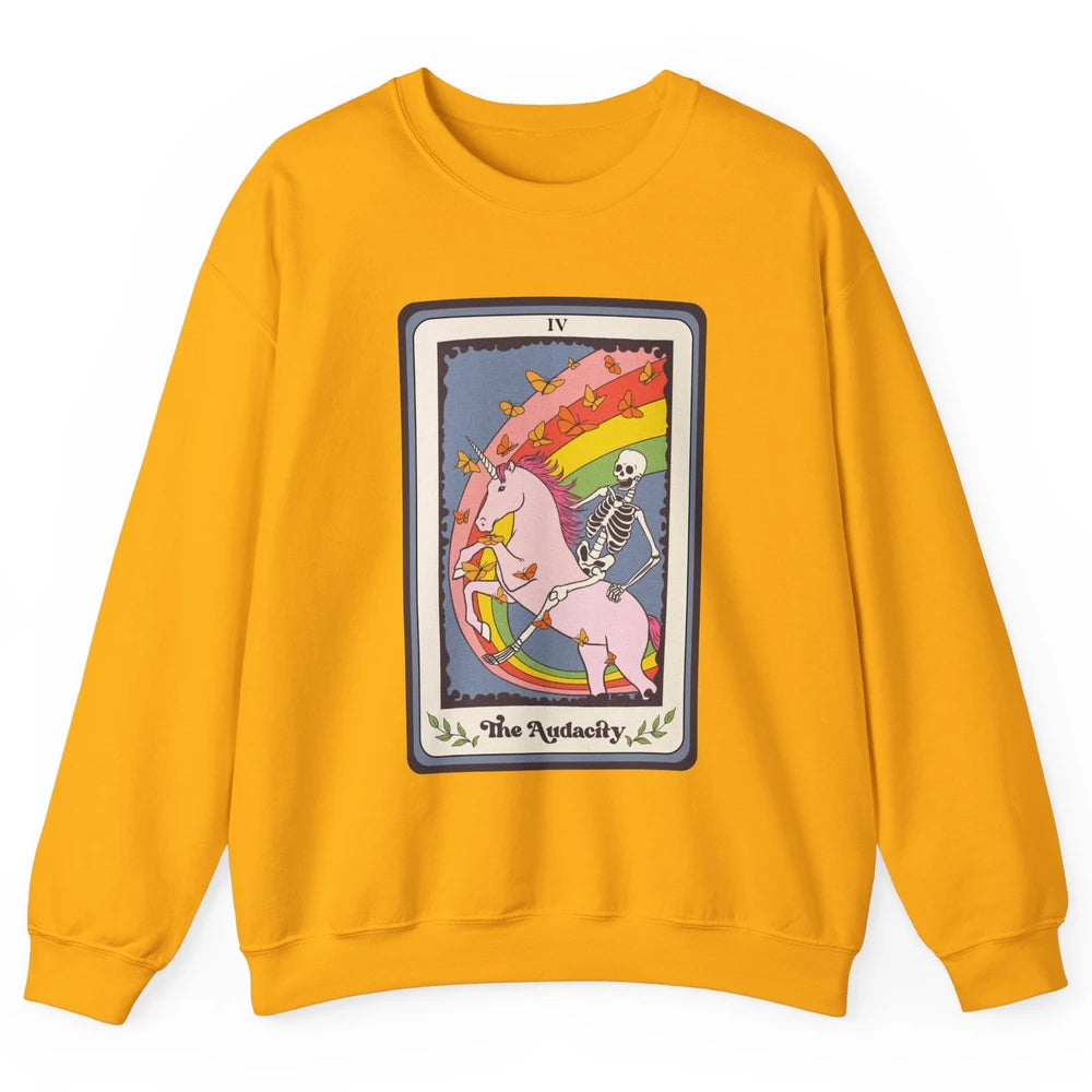 Retro Skeleton Rides Unicorn The Audacity Tarot Card Rainbow Unisex Crewneck Sweatshirt