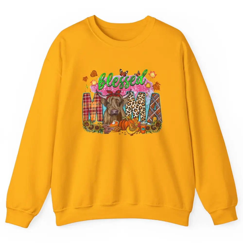 Blessed Mama Highland Cow Fall Pumpkin Western Thanksgiving Unisex Crewneck Sweatshirt