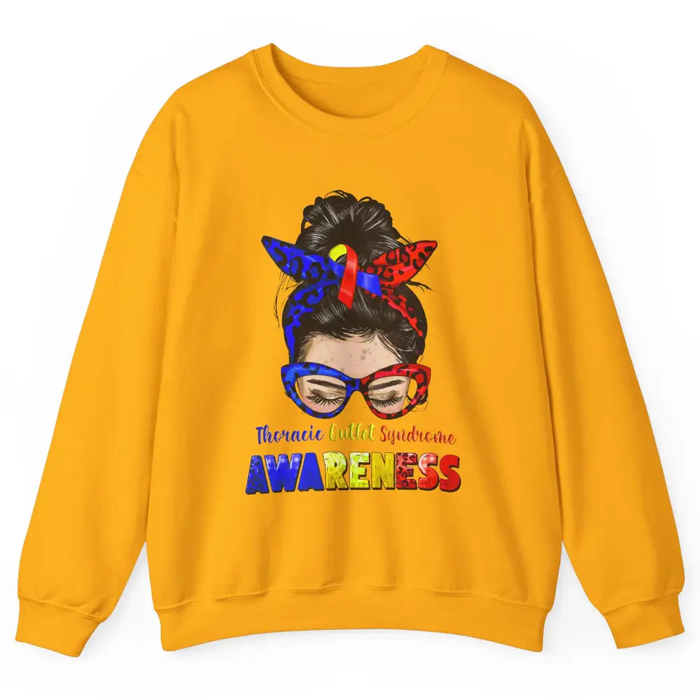 Thoracic Outlet Syndrome Ribbon Leopard Messy Bun Glasses Unisex Crewneck Sweatshirt