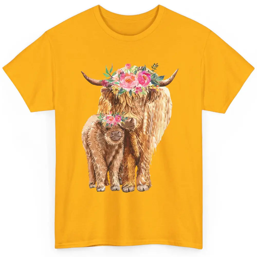 Floral Highland Cow Mom And Baby Western Country Heifer Mom Classic Unisex T-Shirt