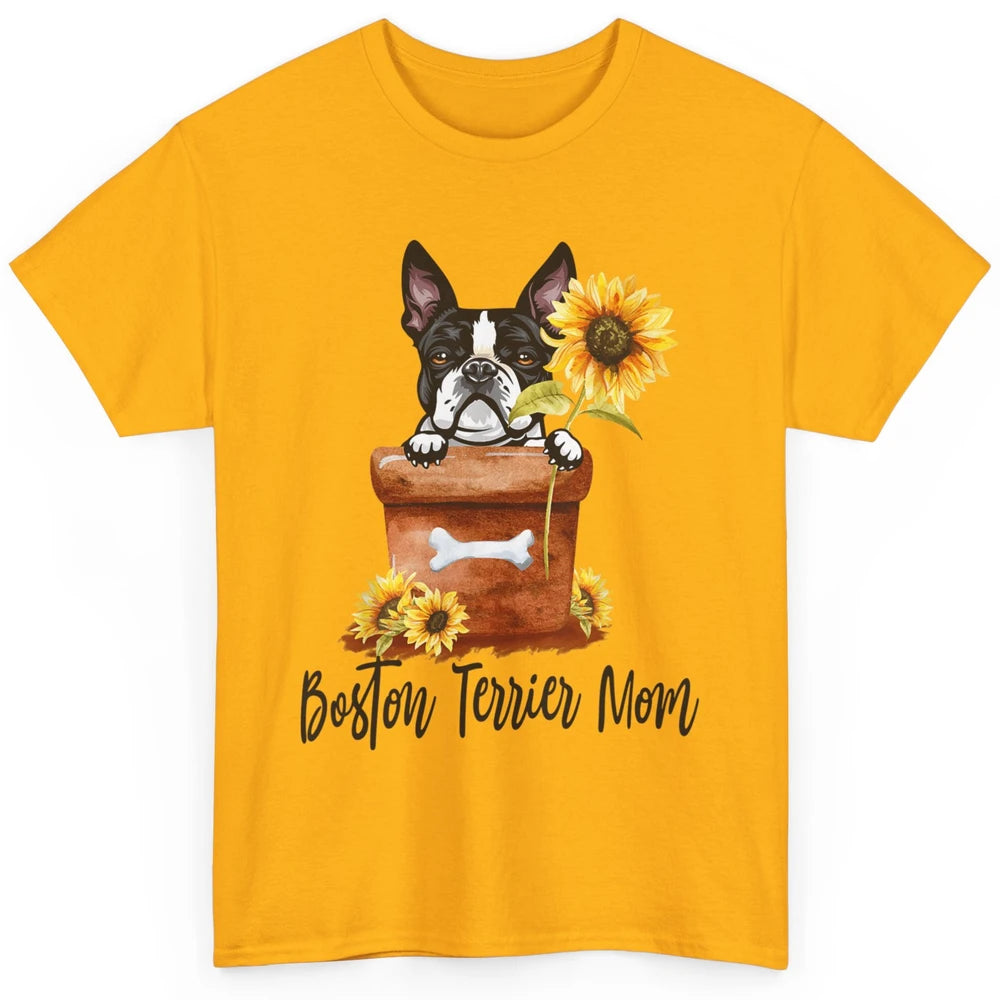 Funny Boston Terrier Dog Face Sunflowers Puppy Dog Mom Mama Classic Unisex T-Shirt