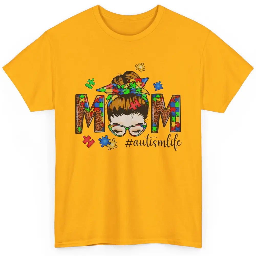 Autism Mom Messy Bun Hair Autism Leopard Puzzle Bandana Classic Unisex T-Shirt